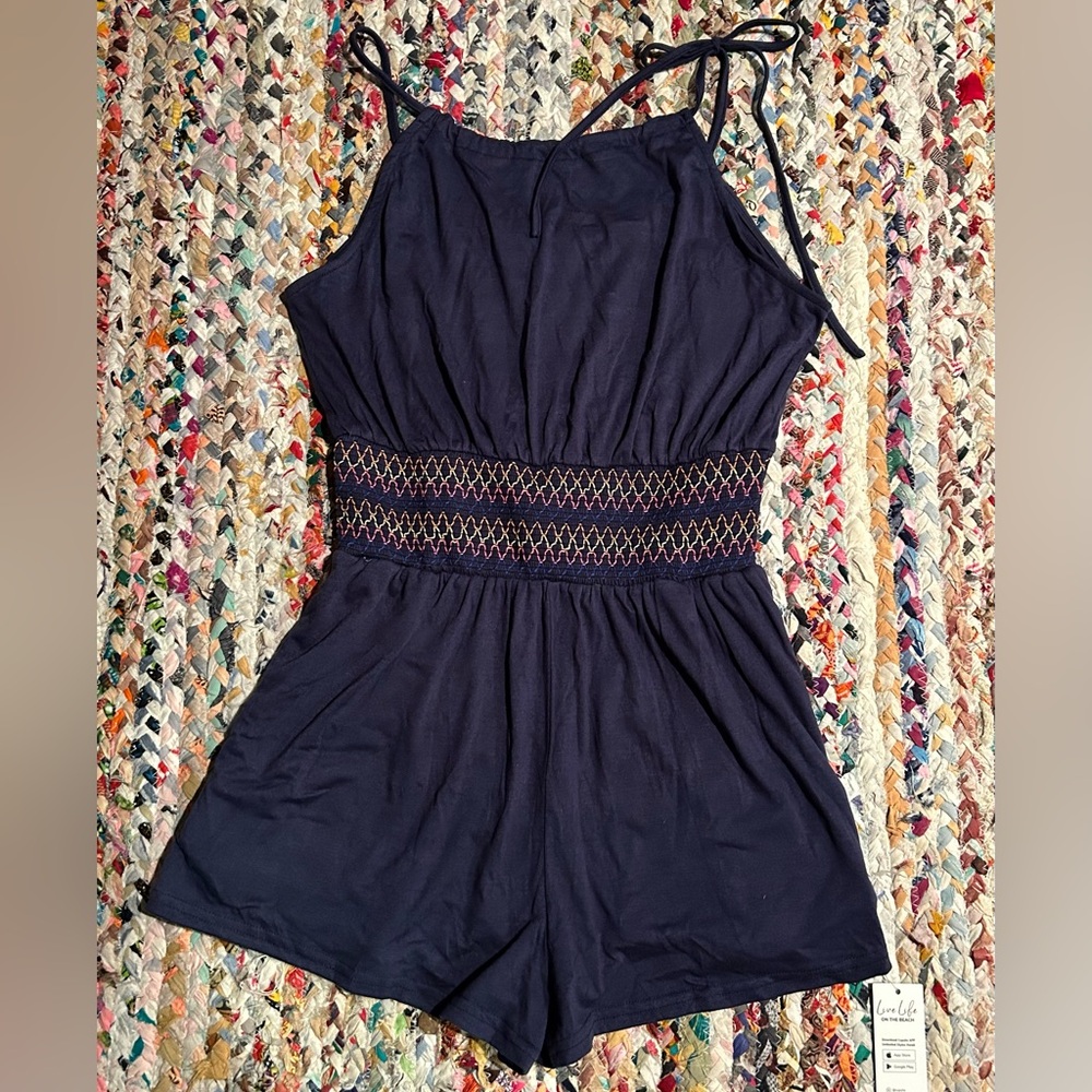 Navy Blue Romper with Embroidered Waist